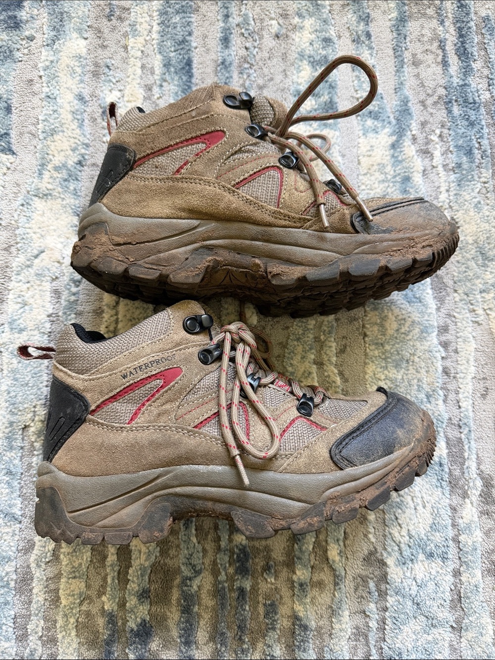 Kids Waterproof Brown Hiking Boots with Red Accents